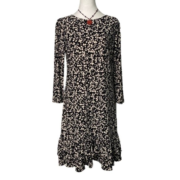 Tommy Hilfiger Black & White Floral Print, 3/4 Sleeve, Ruffled Hem, Shift Dress - Picture 1 of 10